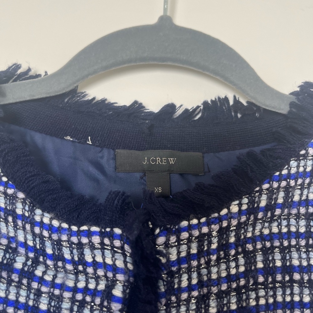 J.Crew Tweed Pattern Blue Lady Jacket with Fringe Size XS‎ - Picture 3 of 4
